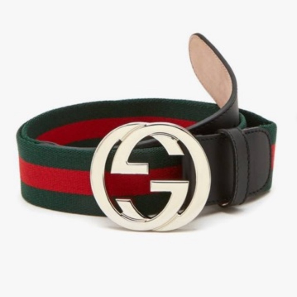 Gucci Men's Black and Green Belt with Red Stripe